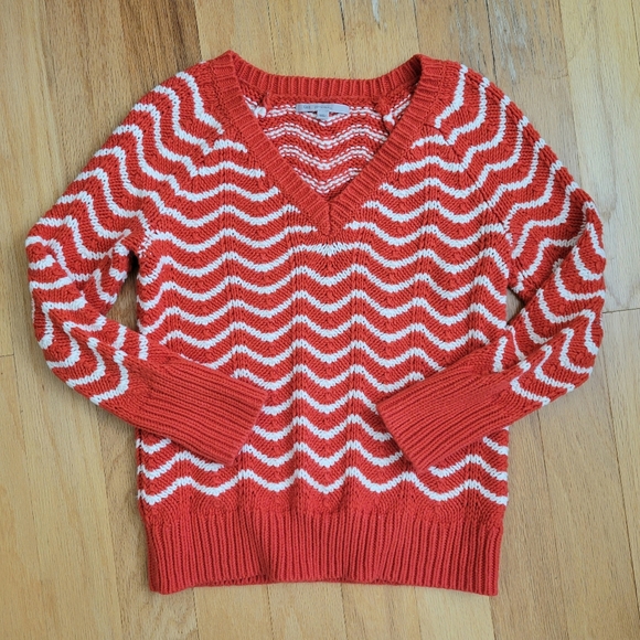 GAP Orange & White V-neck Raglan Sleeve Sweater Wavy Striped Chevron Knit XS - Picture 2 of 5